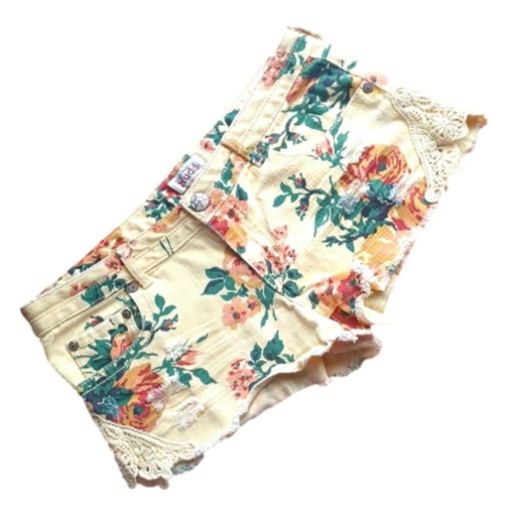 MUDD Yellow Distressed Denim & Lace Shorts - Picture 1 of 6
